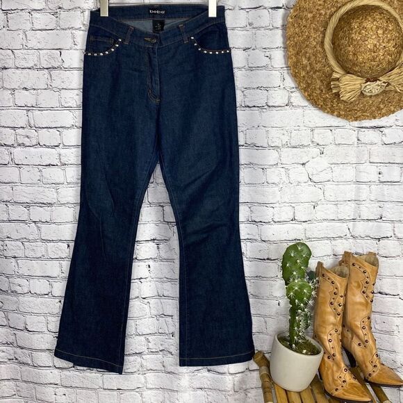 Bebe Studded Round‎ Bottom Split Leg Flare Western Mid-Rise Cowgirl Jeans 30 - Picture 2 of 12